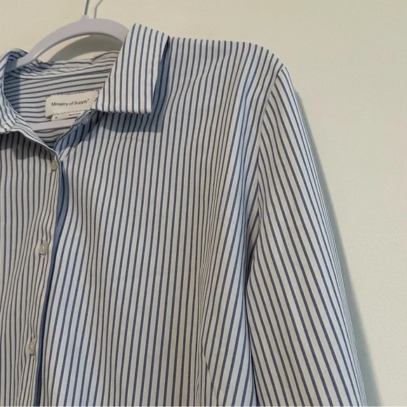 Ministry of Supply Women's White and Blue Striped Button-Down Shirt - Picture 9 of 12